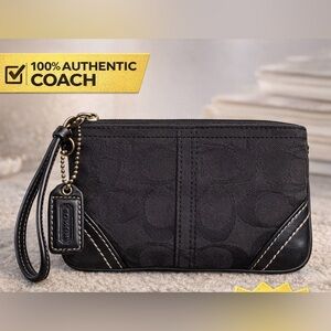 Coach Black Signature Zip Wristlet with Gold-Tone Accents